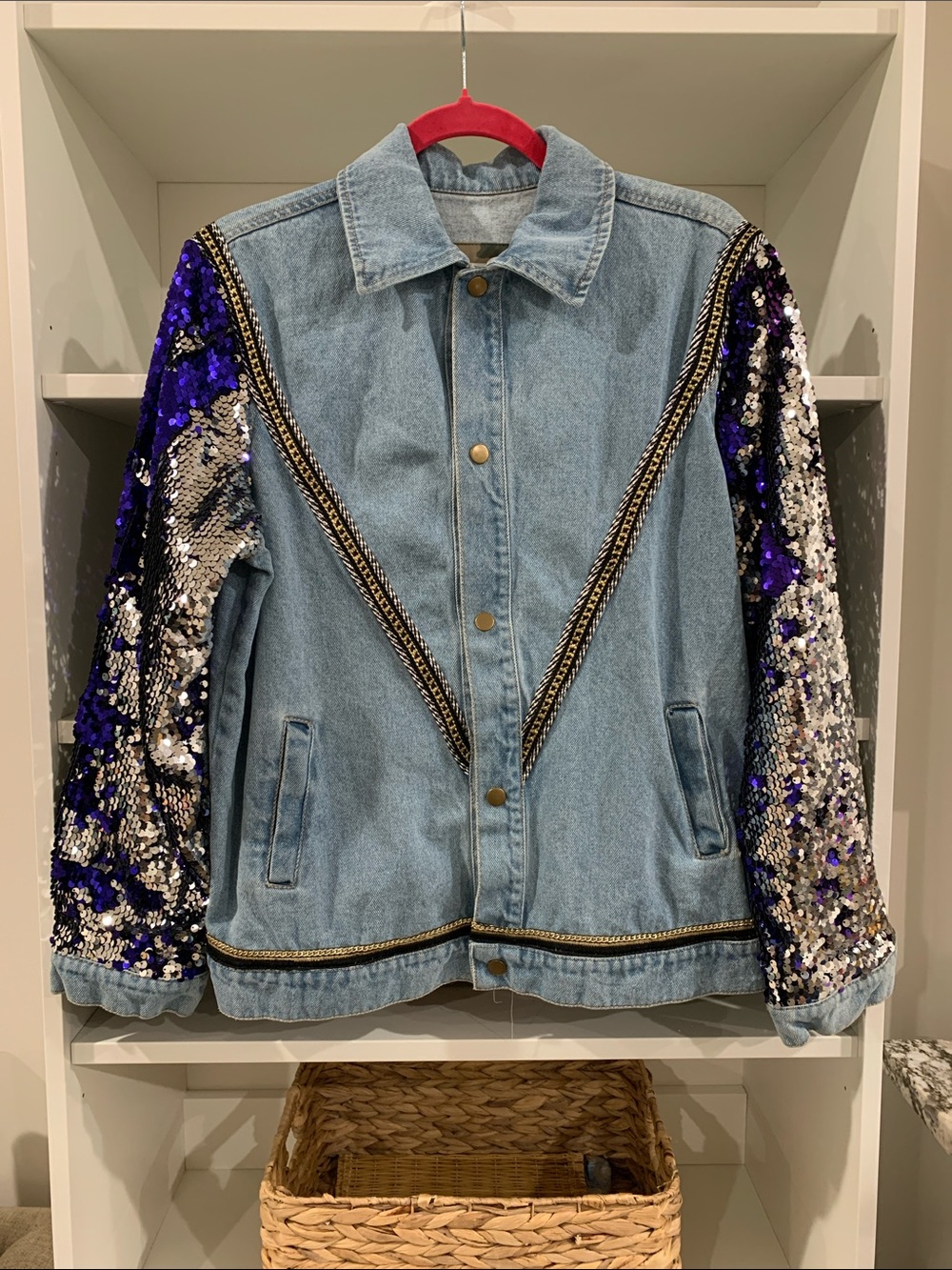 Evil Eye Sequin Bomber🦋
Light wash denim meets full blue,silver sequin jacket .